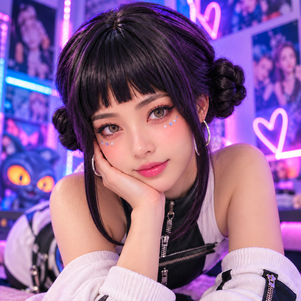 Zoey KPop Demon Hunters Cosplay Wig & Earrings HUNTR/X Halloween Convention